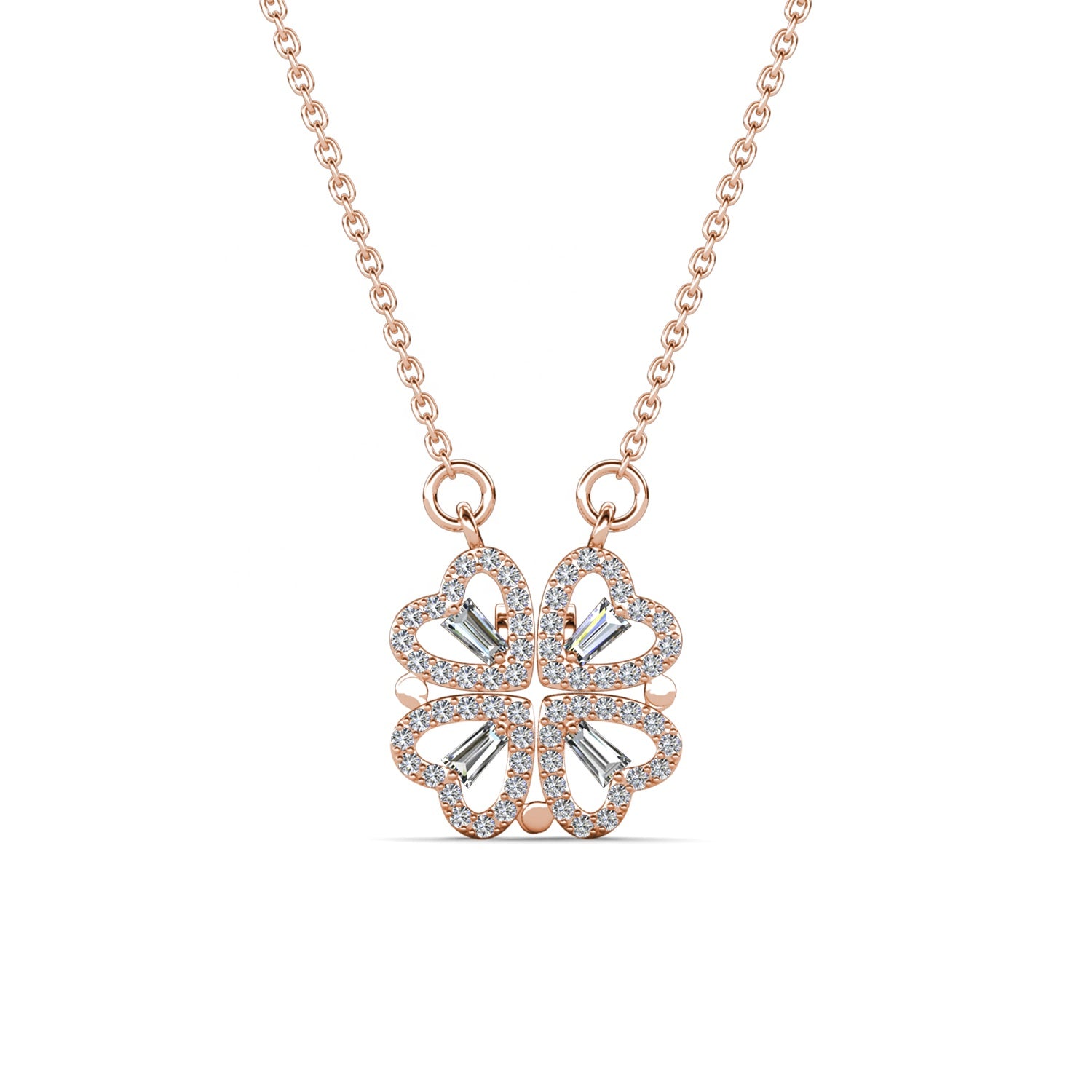 Rose gold four-leaf clover pendant necklace on a white background