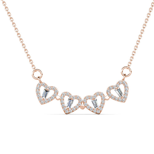 Rose gold necklace with heart-shaped pendants on a white background