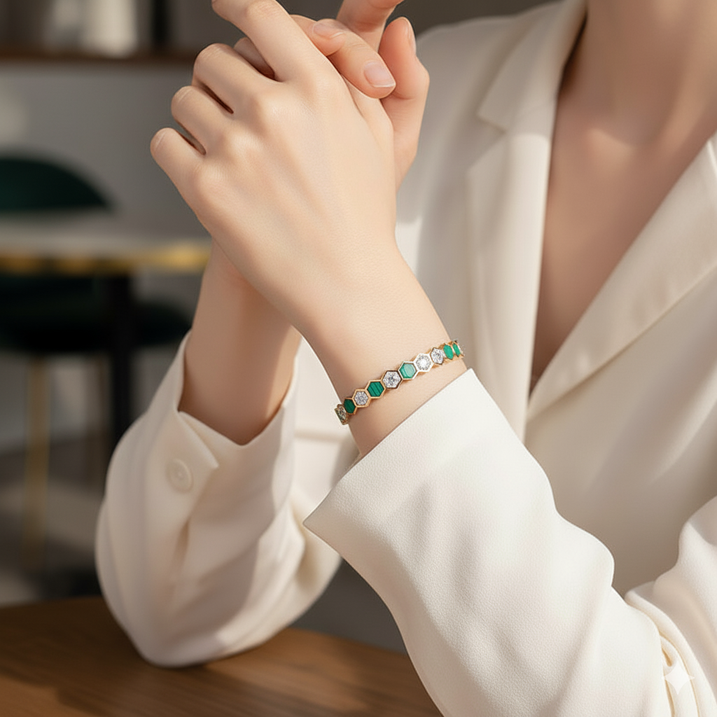 Close-up of a person wearing a bracelet with a blurred indoor background