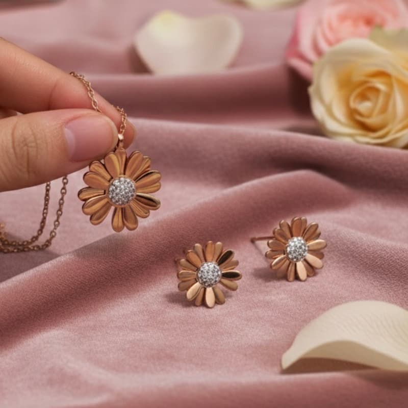 Rose gold flower-shaped earrings on a pink fabric background with flowers.