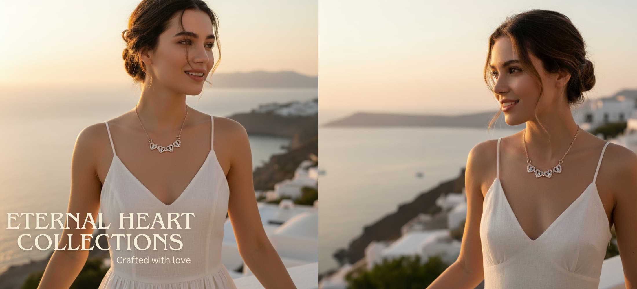 Woman wearing a necklace with 'Eternal Heart Collections' text against a scenic background.