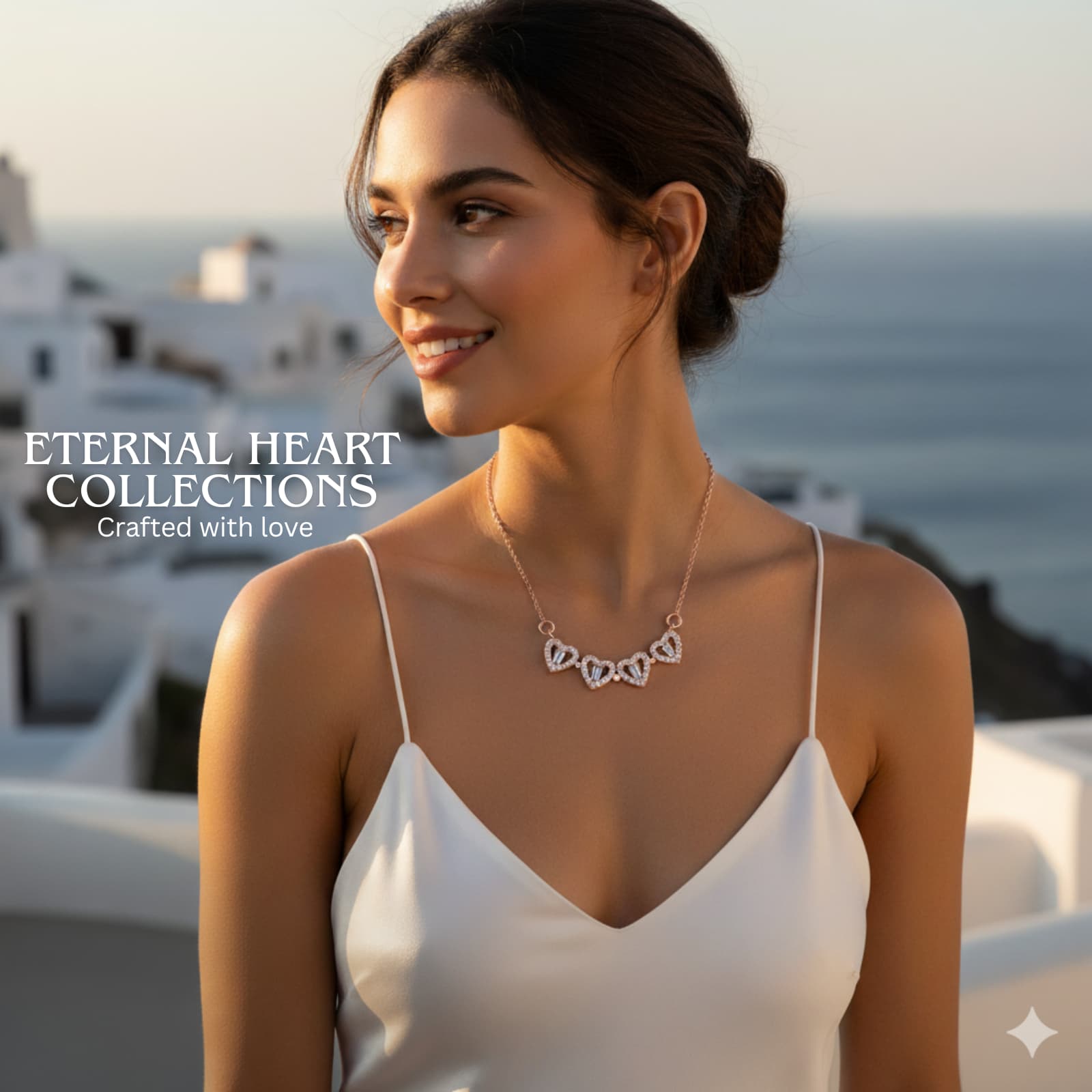 Woman wearing a necklace with a scenic background, featuring 'Eternal Heart Collections'.