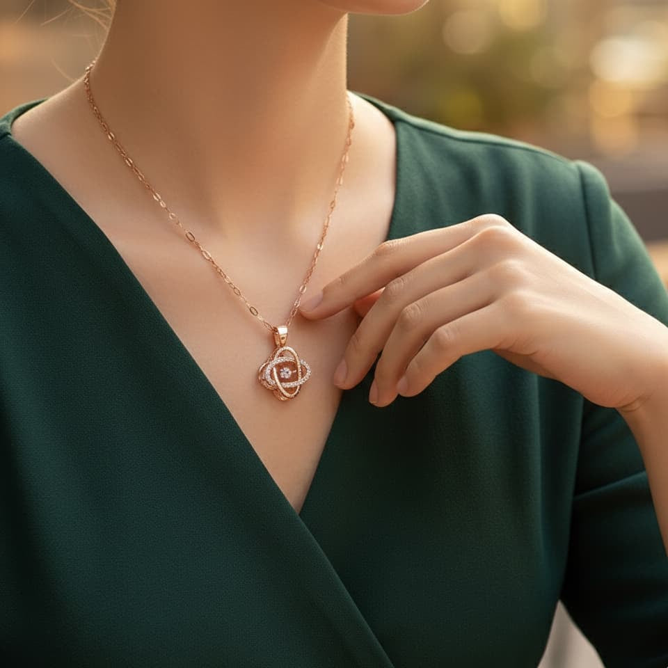 Rose gold necklace with a pendant worn by a person in a green top.