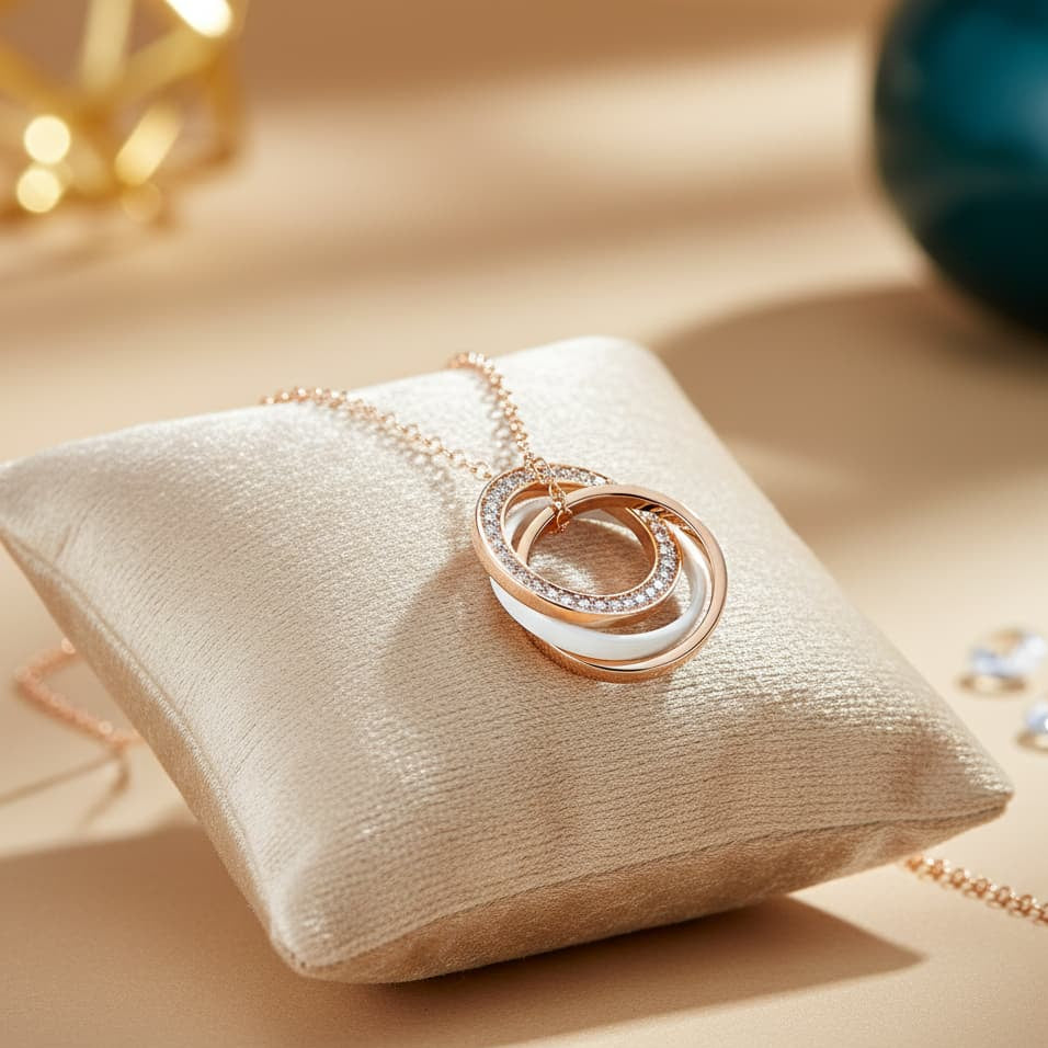 Rose gold ring with diamonds on a beige pillow against a beige background