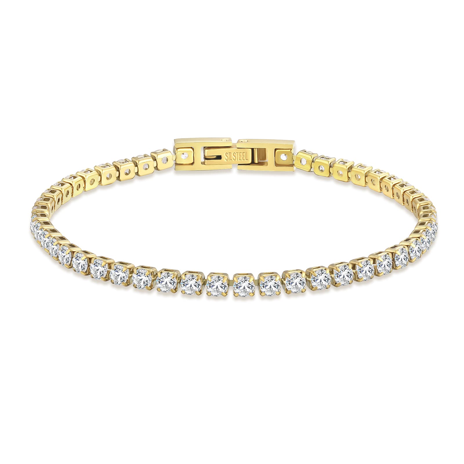 Gold bracelet with clear stones on a white background