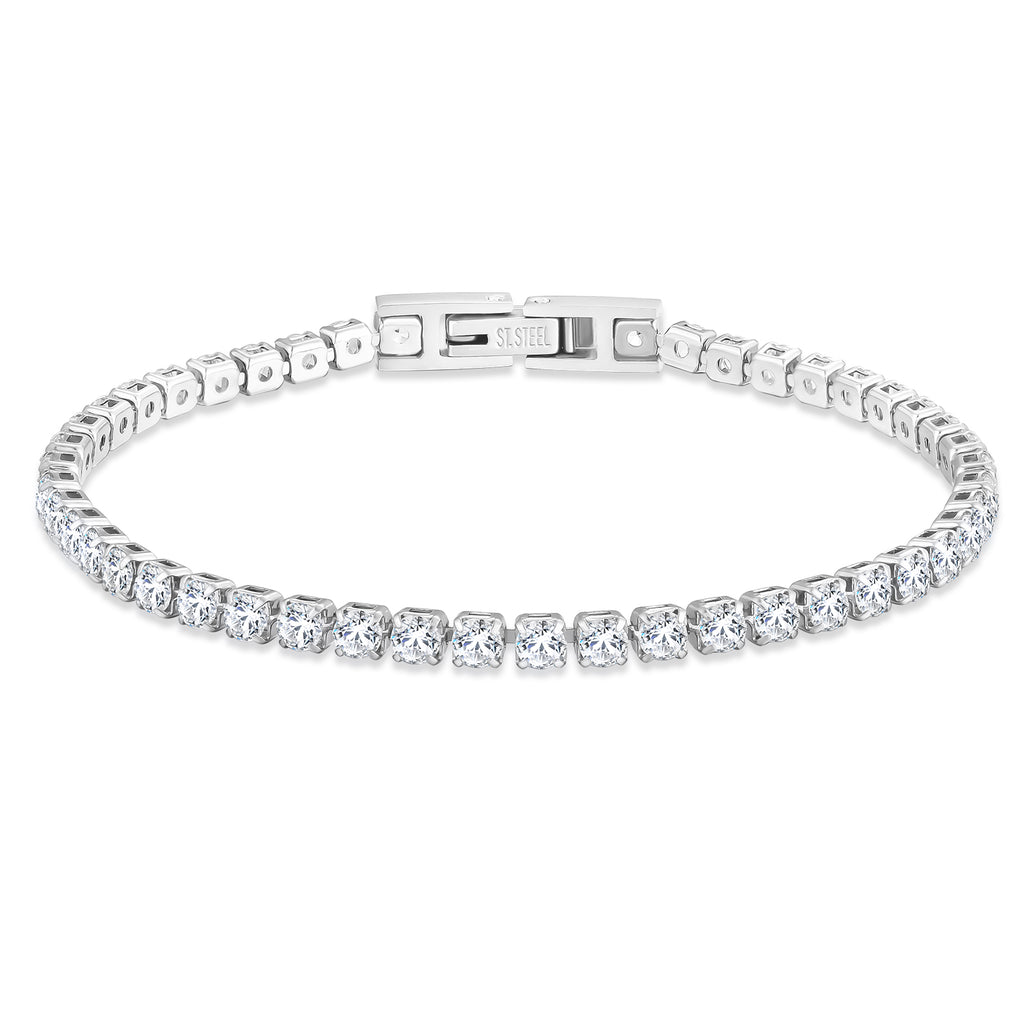 Silver bracelet with clear gemstones on a white background