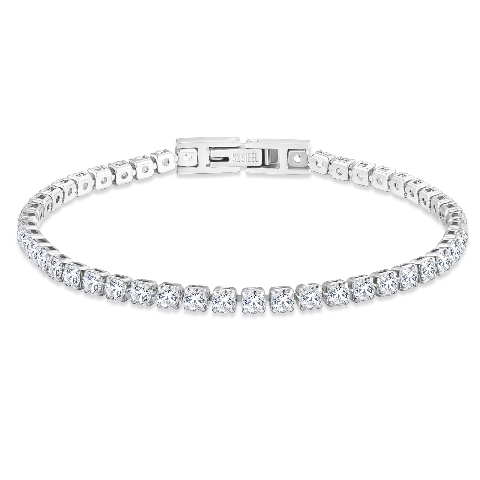 Silver bracelet with clear gemstones on a white background