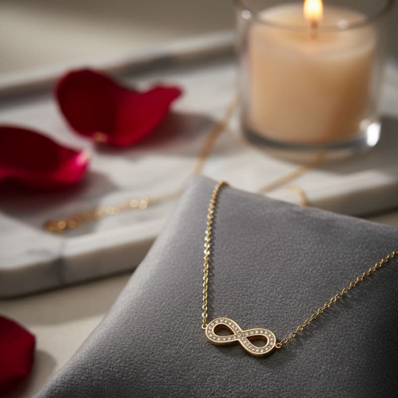 Gold infinity necklace on a gray surface with red rose petals and a candle in the background