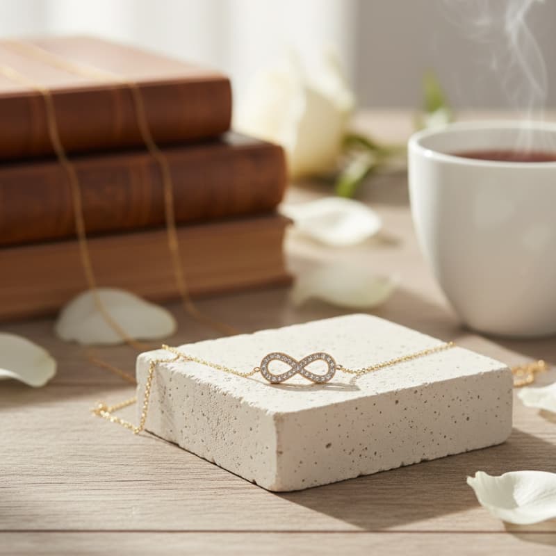 Necklace with a heart-shaped pendant on a white stone surface, with books and a cup in the background.