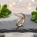 Gold ring with embedded stones on a black slate surface with plants and lights in the background
