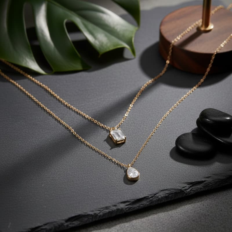 Gold necklaces with gemstones on a dark surface with green leaves and black stones.